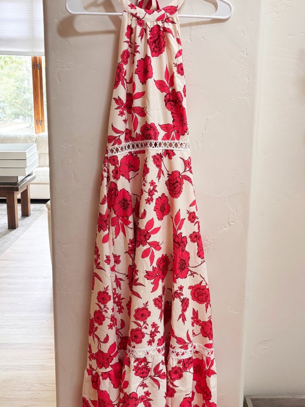 Cupshe Cream Halter Maxi Dress with Red Floral Print